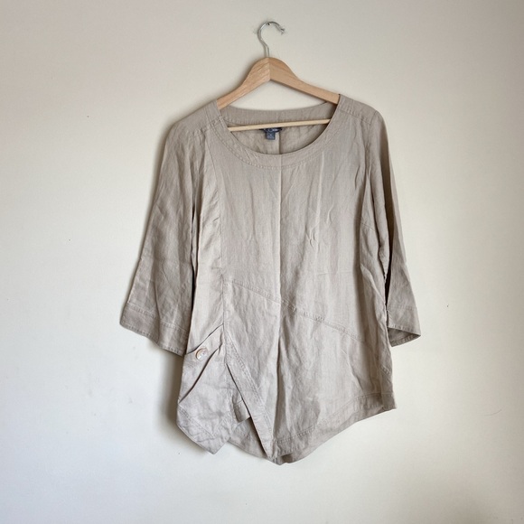 Beige Linen Asymmetrical Blouse with Relaxed Fit - Picture 1 of 7